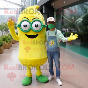 Lemon Yellow Green Beret mascot costume character dressed with a Boyfriend Jeans and Eyeglasses