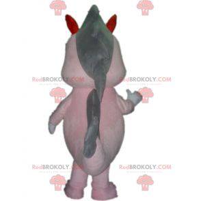 Dragão gigante mascote de dinossauro cinza e rosa -