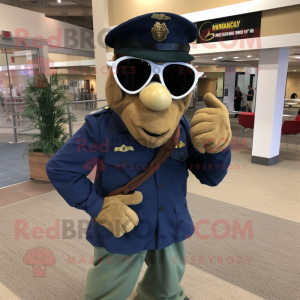 Navy Soldier mascot costume character dressed with a Corduroy Pants and Sunglasses