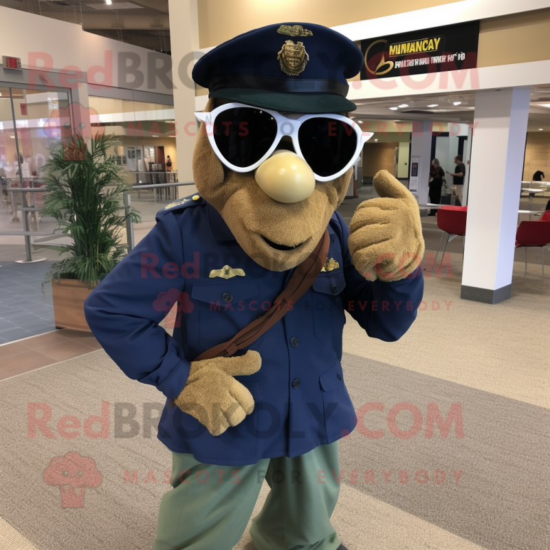 Navy Soldier mascot costume character dressed with a Corduroy Pants and Sunglasses Navy Soldier mascot costume character dressed with a Corduroy Pants and Sunglasses