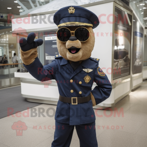 Navy Soldier mascot costume character dressed with a Corduroy Pants and Sunglasses