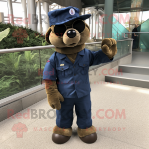 Navy Soldier mascot costume character dressed with a Corduroy Pants and Sunglasses