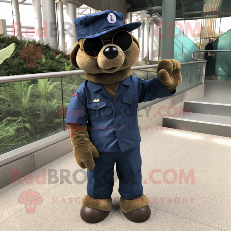 Navy Soldier mascot costume character dressed with a Corduroy Pants and Sunglasses Navy Soldier mascot costume character dressed with a Corduroy Pants and Sunglasses