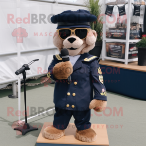 Navy Soldier mascot costume character dressed with a Corduroy Pants and Sunglasses