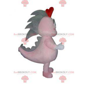Dragão gigante mascote de dinossauro cinza e rosa -