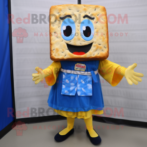 Blue Grilled Cheese Sandwich mascot costume character dressed with a Skirt and Cummerbunds