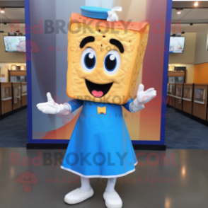 Blue Grilled Cheese Sandwich mascot costume character dressed with a Skirt and Cummerbunds