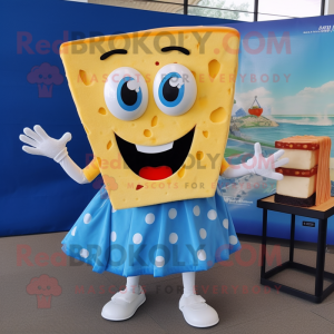 Blue Grilled Cheese Sandwich mascot costume character dressed with a Skirt and Cummerbunds