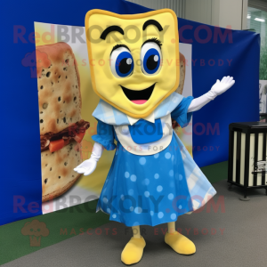 Blue Grilled Cheese Sandwich mascot costume character dressed with a Skirt and Cummerbunds
