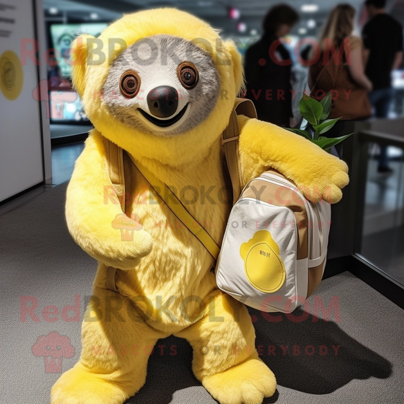 Lemon Yellow Sloth Bear mascot costume character dressed with a Playsuit and Messenger bags