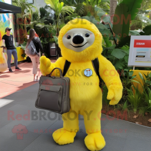 Lemon Yellow Sloth Bear mascot costume character dressed with a Playsuit and Messenger bags