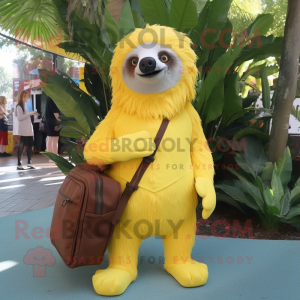 Lemon Yellow Sloth Bear mascot costume character dressed with a Playsuit and Messenger bags