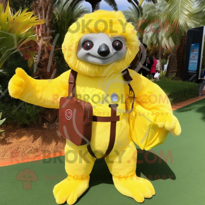 Lemon Yellow Sloth Bear mascot costume character dressed with a Playsuit and Messenger bags