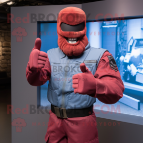 Maroon Gi Joe mascot costume character dressed with a Chambray Shirt and Mittens