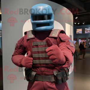 Maroon Gi Joe mascot costume character dressed with a Chambray Shirt and Mittens