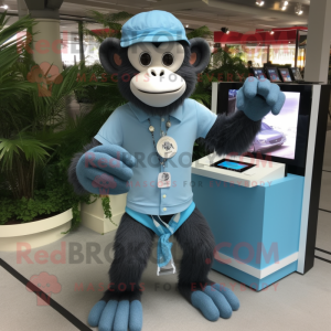 Sky Blue Chimpanzee mascot costume character dressed with a Polo Tee and Bracelet watches