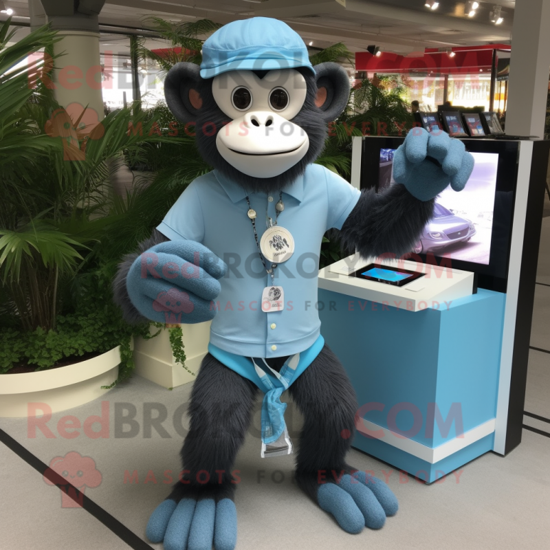 Sky Blue Chimpanzee mascot costume character dressed with a Polo Tee and Bracelet watches