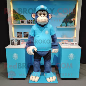 Sky Blue Chimpanzee mascot costume character dressed with a Polo Tee and Bracelet watches