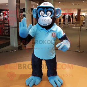 Sky Blue Chimpanzee mascot costume character dressed with a Polo Tee and Bracelet watches