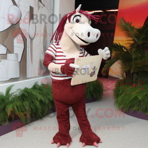Maroon Quagga mascot costume character dressed with a Henley Tee and Clutch bags