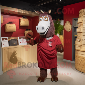 Maroon Quagga mascot costume character dressed with a Henley Tee and Clutch bags