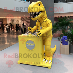 Lemon Yellow T Rex mascot costume character dressed with a Cargo Shorts and Bracelet watches