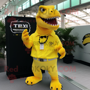 Lemon Yellow T Rex mascot costume character dressed with a Cargo Shorts and Bracelet watches