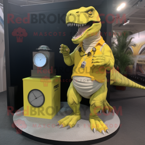 Lemon Yellow T Rex mascot costume character dressed with a Cargo Shorts and Bracelet watches