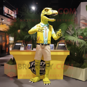 Lemon Yellow T Rex mascot costume character dressed with a Cargo Shorts and Bracelet watches