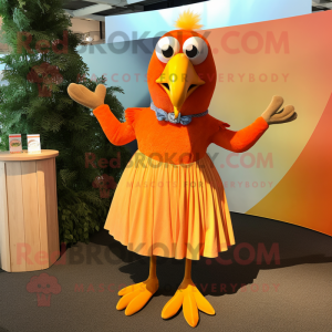 Orange Crow mascot costume character dressed with a Maxi Skirt and Bow ties