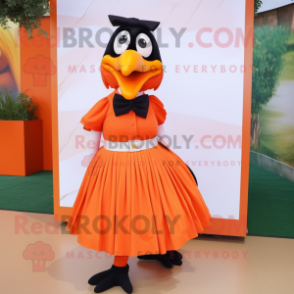 Orange Crow mascot costume character dressed with a Maxi Skirt and Bow ties