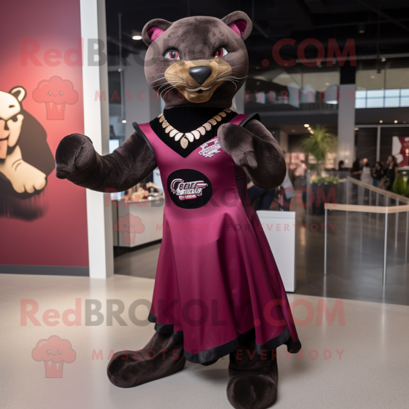 Maroon Panther mascot costume character dressed with a Dress and Brooches