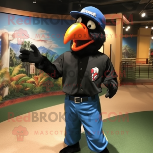 Black Macaw mascot costume character dressed with a Baseball Tee and Suspenders