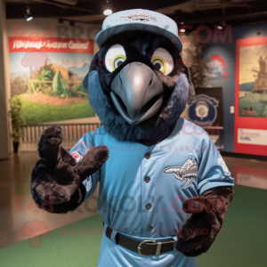 Black Macaw mascot costume character dressed with a Baseball Tee and Suspenders