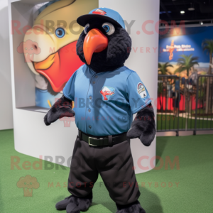 Black Macaw mascot costume character dressed with a Baseball Tee and Suspenders