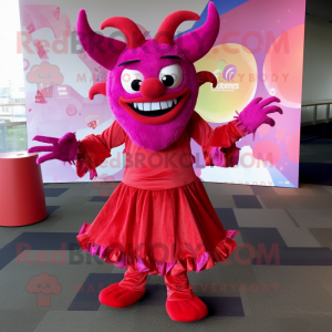 Magenta Devil mascot costume character dressed with a Wrap Skirt and Shoe laces
