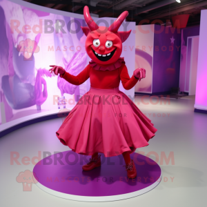 Magenta Devil mascot costume character dressed with a Wrap Skirt and Shoe laces