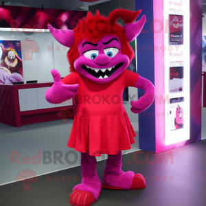 Magenta Devil mascot costume character dressed with a Wrap Skirt and Shoe laces