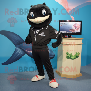 Black Swordfish mascot costume character dressed with a Running Shorts and Lapel pins