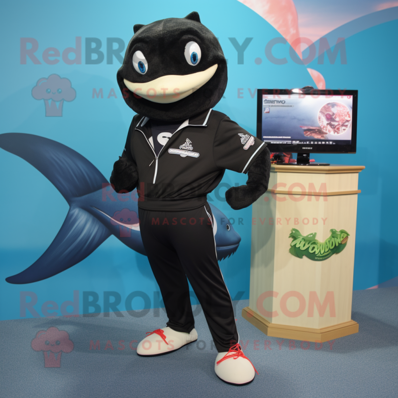 Black Swordfish mascot costume character dressed with a Running Shorts and Lapel pins Black Swordfish mascot costume character dressed with a Running Shorts and Lapel pins