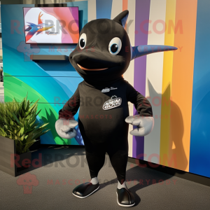 Black Swordfish mascot costume character dressed with a Running Shorts and Lapel pins