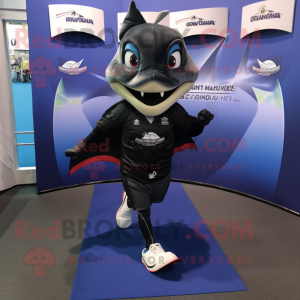 Black Swordfish mascot costume character dressed with a Running Shorts and Lapel pins