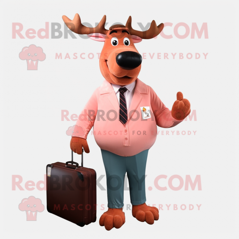 Peach Moose mascot costume character dressed with a Suit Pants and Briefcases Peach Moose mascot costume character dressed with a Suit Pants and Briefcases