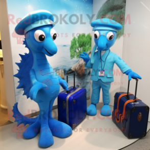 Blue Sea Horse mascot costume character dressed with a Culottes and Briefcases