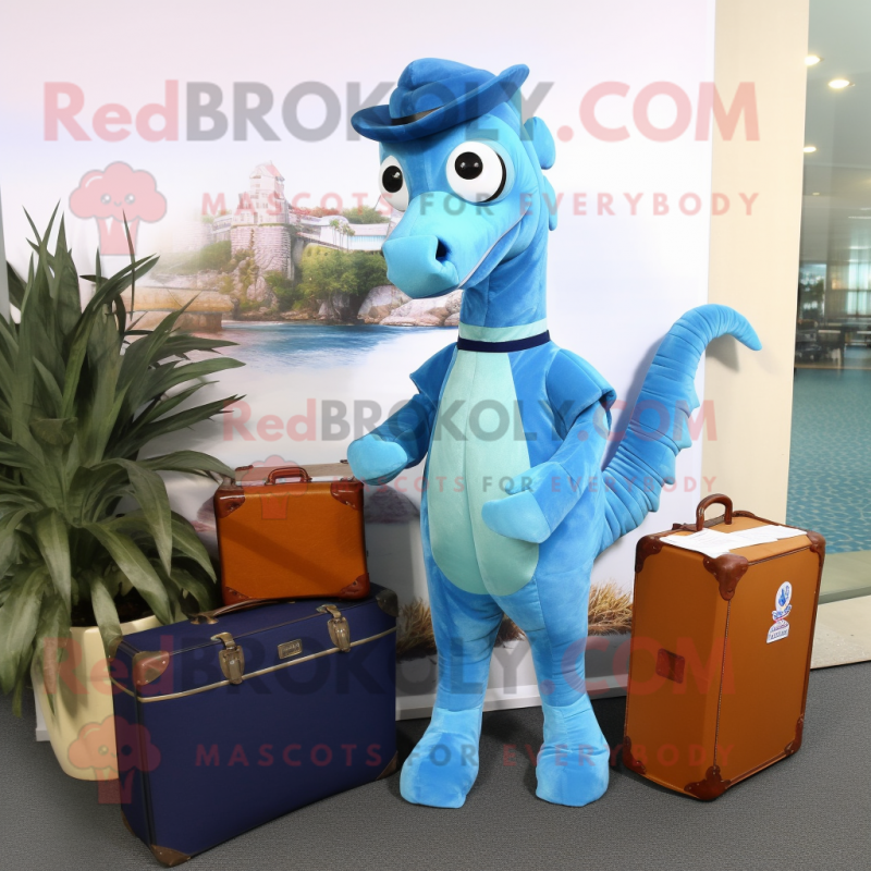 Blue Sea Horse mascot costume character dressed with a Culottes and Briefcases