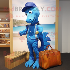 Blue Sea Horse mascot costume character dressed with a Culottes and Briefcases