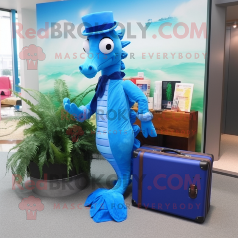 Blue Sea Horse mascot costume character dressed with a Culottes and Briefcases