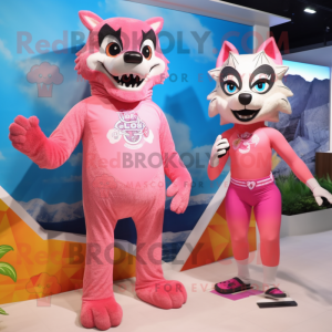 Pink Wolf mascot costume character dressed with a One-Piece Swimsuit and Ties