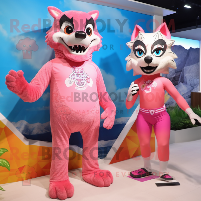 Pink Wolf mascot costume character dressed with a One-Piece Swimsuit and Ties