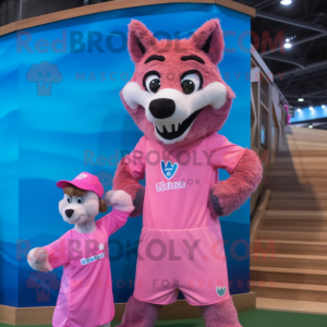 Pink Wolf mascot costume character dressed with a One-Piece Swimsuit and Ties